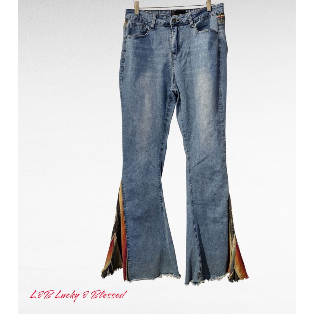 L&B Lucky&Blessed Super Flare W/ Serape Insert Distressed Jeans  Sz 14